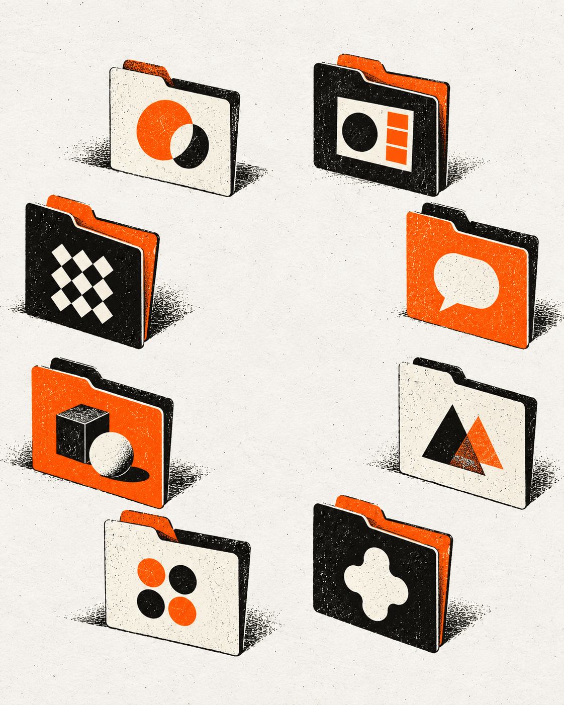 Eight folders representing the parts of a brand book